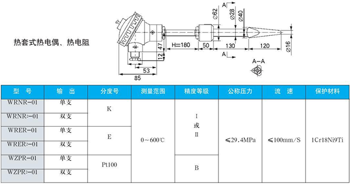 电站测温热电偶热套式规格表